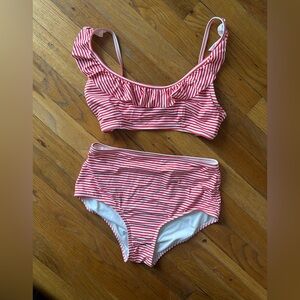 LOFT Hot Pink and White Striped Ruffle Bikini Set
